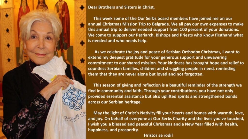 Elderly woman holding plate beside Christmas message