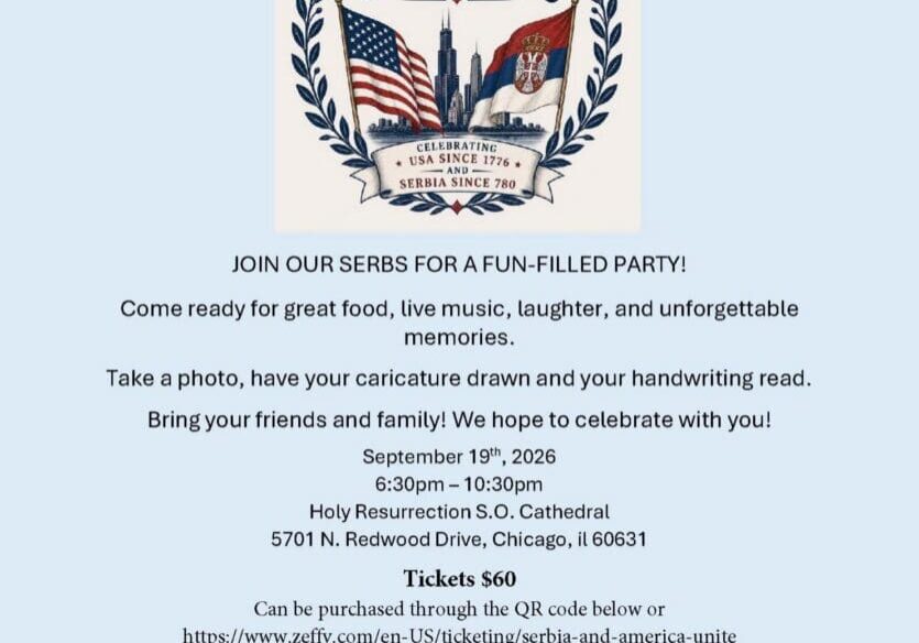 Serbia and America Unite party flyer with flags