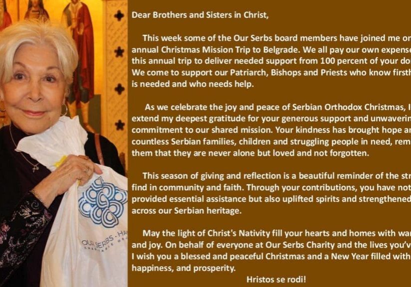 Elderly woman holding plate beside Christmas message