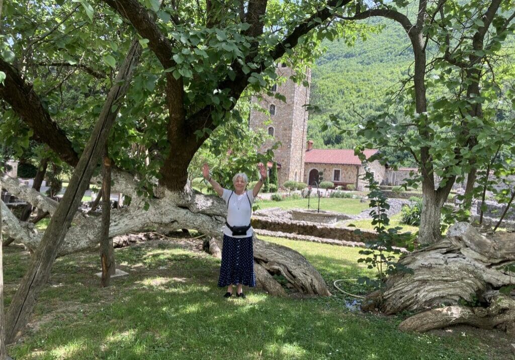 Woman raising arms under ancient sprawling tree