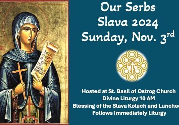 Icon of saint with event details.